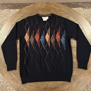 Vtg Norm Thompson Black Argyle Diamond Wool Blend Sweater Size XL Made in Italy